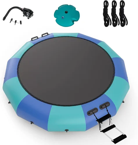Giantex Trampolín acuático inflable de 10 pies, 12 pies y 15 pies, trampolín flotante con soplador de 500 W y escalera de cuerda de 3 escalones,