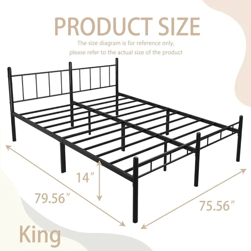 Miniatura 2 de Base de cama tamaño King de 14 pulgadas, no necesita somier, plataforma de metal con cabecero y piecero, soporte de listones resistentes, fácil