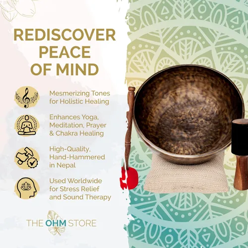 Miniatura 4 de Juego Grande de Cuencos Tibetanos Cantores por Ohm Store — Cuenco de Meditación de Sonido Jupiter de Bronce Puro de 12 Pulgadas, 2 Mazos y un Cojín
