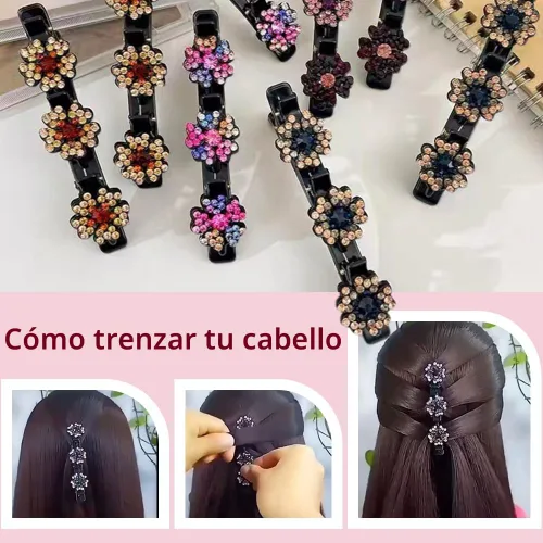 Miniatura 6 de 2 piezas de pinzas para el pelo trenzadas con piedras de cristal brillantes, cintas para el cabello de satén 2024 nuevas con pedrería de trébol