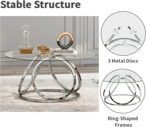 Miniatura 5 de Mesa de café plateada O&K FURNITURE, mesa de café moderna de cristal para sala de estar con marcos en forma de anillo, mesa de café de cristal