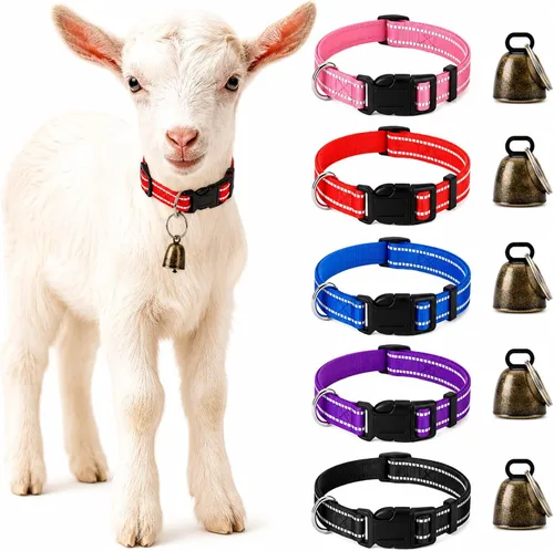 Miniatura 10 de Paquete de 5 collares reflectantes de cabra con campanas, caballo, oveja, pastoreo, campanas de cobre y collar de nailon ajustable, campanas