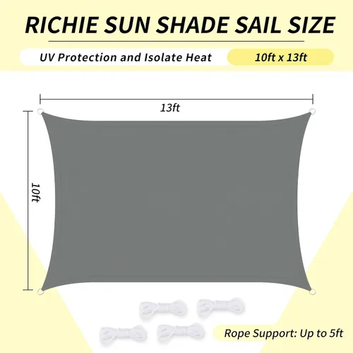 Miniatura 2 de RICHIE Toldo Vela de Sombra Solar Mejorado de 10'x13' Rectangular, Resistente al Agua y Bloqueo UV para Patio Exterior Césped Playa Jardín Cochera