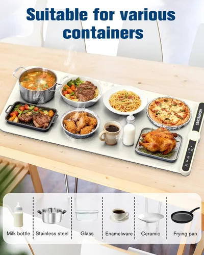 Miniatura 4 de Tapete de calentamiento de alimentos extragrande, bandeja de calentamiento eléctrico de calentamiento rápido con 9 ajustes de temperatura y Beige