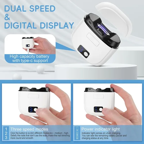 Miniatura 3 de Juego de lima y cortaúñas eléctrica, recargable por USB con 3 velocidades, pantalla LCD y estuche de almacenamiento, recortadora de uñas segura