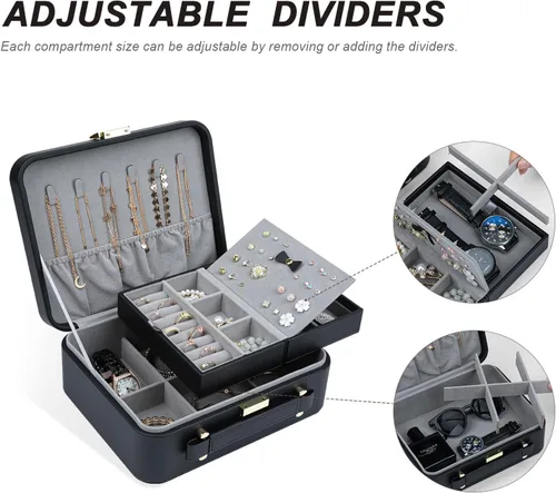 Miniatura 6 de V-LAFUY Joyero para mujer, organizador de joyas de viaje con bandeja de joyería para anillos, aretes, collares, pulseras y relojes, color negro