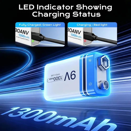 Miniatura 4 de 2 baterías recargables de 1300 mAh 9 V, batería recargable de litio USB de larga duración con cable de carga 2 en 1, para detectores de humo