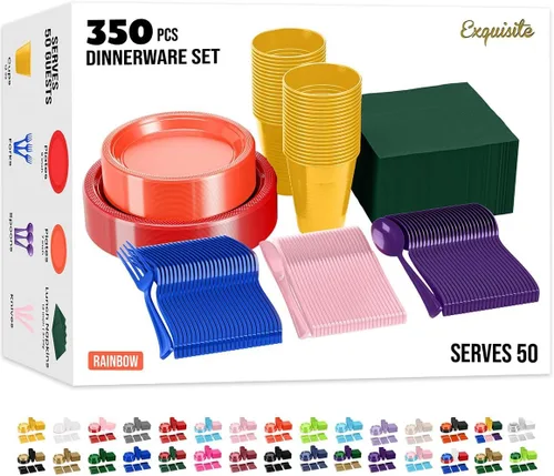 Miniatura 29 de Party Solids 350 Piezas Platos de Plástico Blanco Para Fiestas, Juego de Platos Desechables Blancos, 50 de Cada Juego de Platos para Cena de 9
