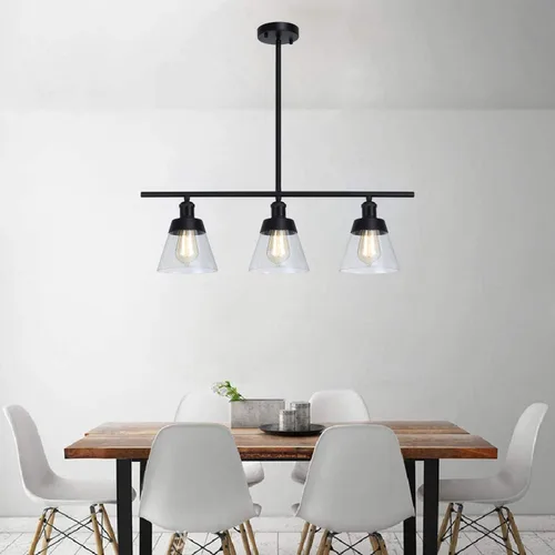 Miniatura 7 de Fivess Lighting Iluminación de Isla de Cocina Estilo Granja Negro de 3 Luces, Candelabro Lineal de Vidrio Texturizado Transparente, Varillas