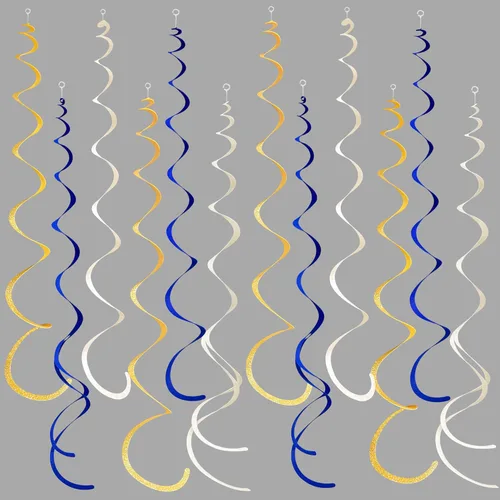 Miniatura 40 de 36 piezas de decoraciones de remolino colgante azul ombre, azul real blanco de fieltro, serpentina en espiral, guirnalda de techo para cumpleaños