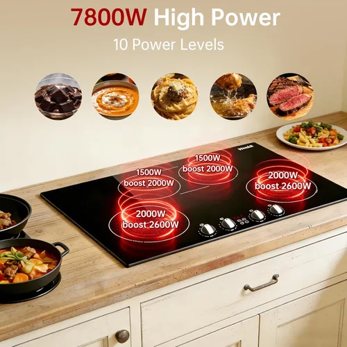 Miniatura 2 de Placa de cocción de inducción de 30 pulgadas, 4 quemadores con elemento de puente, estufa integrada de 7800 W, función de refuerzo, 10 niveles