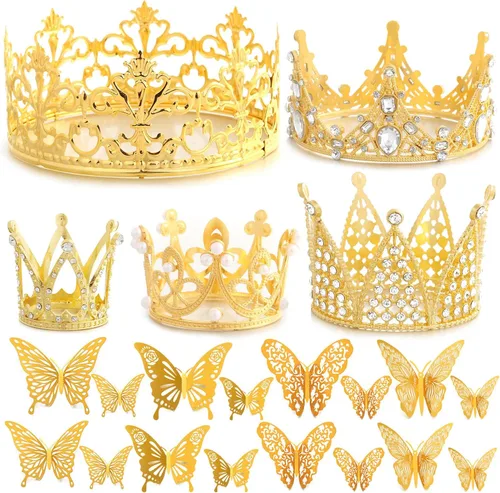 Billbotk 53 accesorios de ramo de flores, 5 coronas doradas y 48 decoraciones de mariposa dorada para ramos de flores, decoración de pastel para