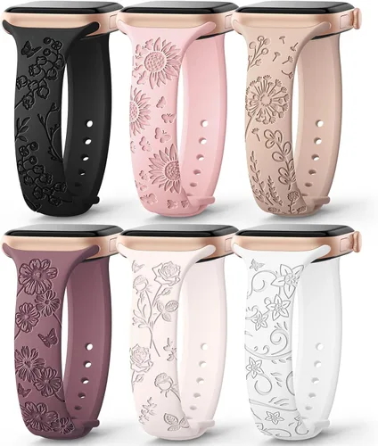 Miniatura 14 de AMSKY Paquete de 6 correas delgadas con grabado floral compatibles con Apple Watch Band 1.575 in 1.614 in 1.654 in 1.496 in 1.732 in 1.772 in 1.811