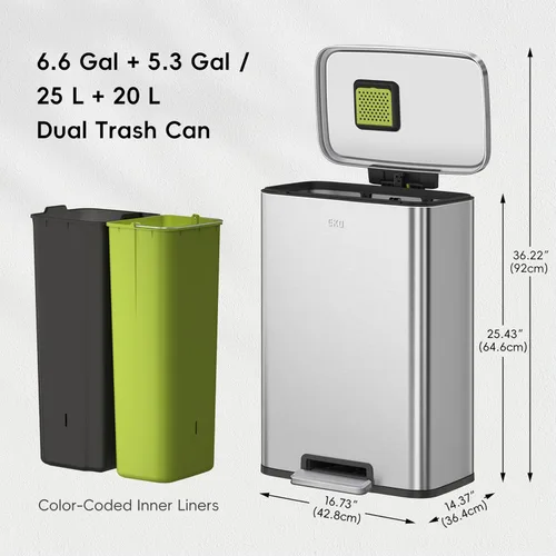 Miniatura 9 de Cubo de basura EKO Madison con pedal, de doble compartimento, de 25 litros + 20 litros, con forro interior, contenedor para reciclaje, tapa de Acero