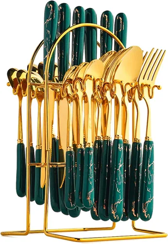 Juego de cubiertos de acero inoxidable dorado de 24 piezas, utensilios de cocina para 6, juego de cubiertos para carne para el hogar y el Verde