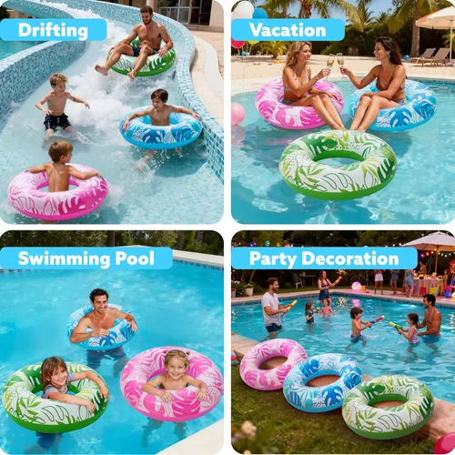 Miniatura 6 de JOYIN Paquete de 3 flotadores de piscina, tubo de piscina para niños anillos de natación tubos inflables, anillos flotantes de hojas tropicales