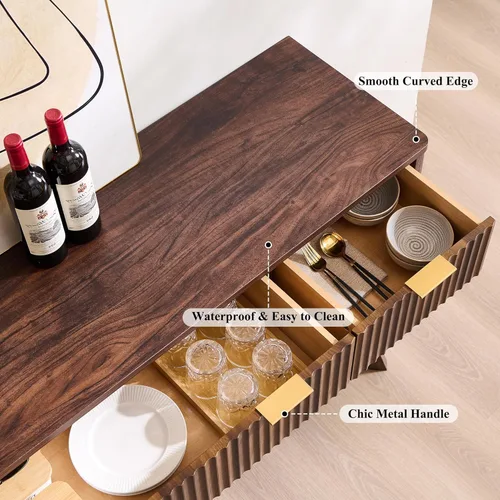 Miniatura 3 de T4TREAM - Aparador de buffet estriado con almacenamiento, mesa de aparador moderna grande de 60" con barra de café, barra de vino, gabinete de Nogal
