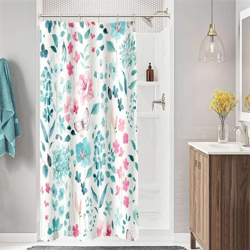 Miniatura 40 de MAYZUS Cortina de ducha con flores azules acuáticas, lindas cortinas de tela con flores para baño, juego de cortinas de tela de aguamarina