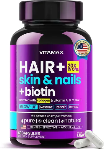 Biotina | Colágeno | Potenciador de queratina con ácido hialurónico – Suplemento para el crecimiento del cabello más grueso, piel saludable y uñas
