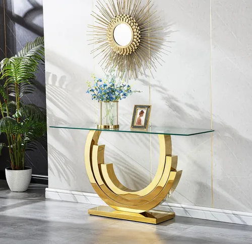 Miniatura 71 de SSLine Mesa auxiliar de cristal de lujo para sala de estar, mesa auxiliar moderna dorada con base de pedestal de acero inoxidable en forma de flor