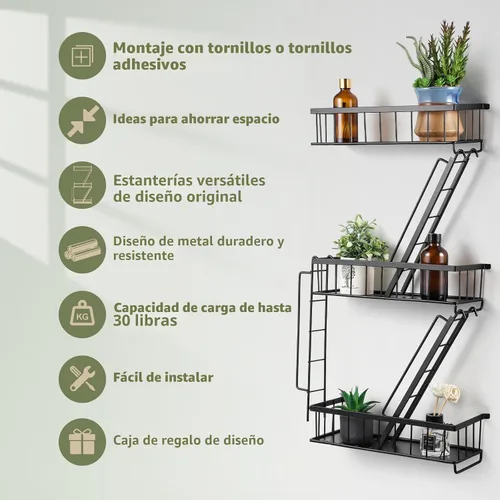 Miniatura 4 de SweetSage Estante de Pared para Salida de Emergencia - Estante Decorativo de Escalera de Nueva York, Estante Flotante de Arte de Pared en Metal Negro