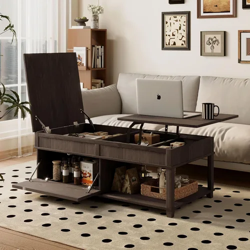 Miniatura 10 de 31.52" Square Lift Top Coffee Table with Storage, Natural Rattan & Hemp Rope, Adjustable Function, Vintage Farmhouse Center Table for Living Room