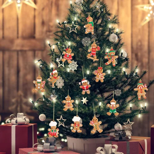 Miniatura 6 de Whaline Juego de 15 adornos de Navidad de pan de jengibre de 2 x 3 pulgadas, figuras colgantes para árbol de Navidad, temporada festiva, decoración
