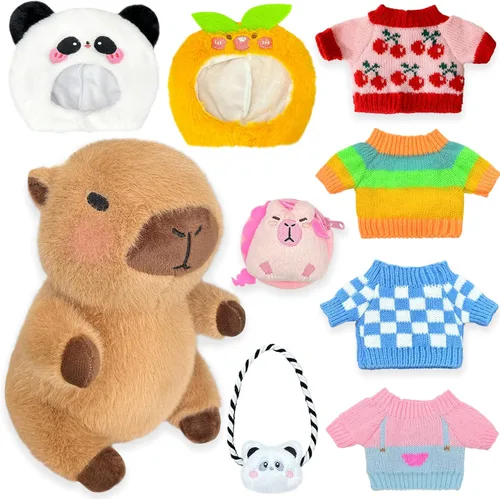 Capybara Peluche con 9 piezas de Ropa y Accesorios, 10.2 pulgadas Lindo Animal de Peluche Capybara, Juguetes de Peluche para Vestir, Lindos Peluches