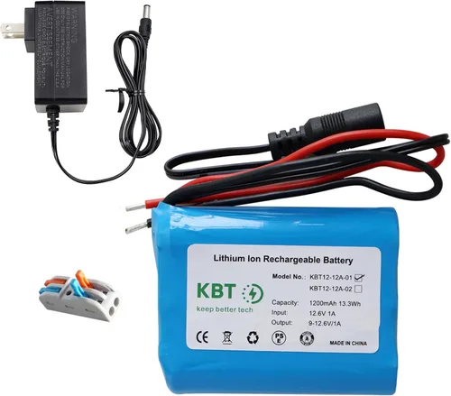 KBT 12V 1200mAh Batería recargable de iones de litio, paquete de batería de repuesto con cables desnudos y cargador compatible para dispositivos de