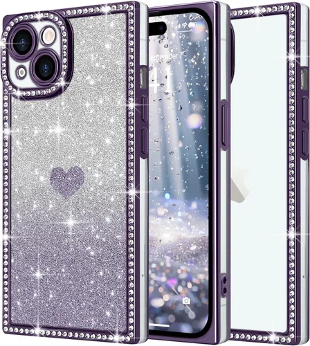 Miniatura 42 de Funda para iPhone 13, funda de diamantes de imitación de lujo con patrón de corazón de amor de cristal [papel con purpurina extraíble], parachoques