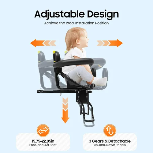 Miniatura 7 de Front Mounted Kids Bike Seat, Detachable Guardrail & Foot Pedals, Child Bicycle Seat for 1-5 Years, Toddler Safety MTB Bike Seat Compatible with