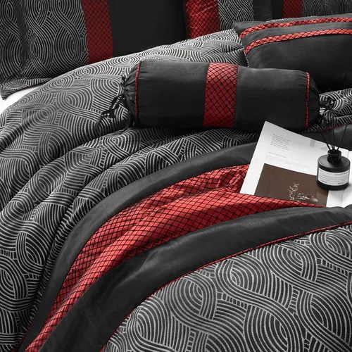 Miniatura 3 de Grand Avenue Juego de edredón rojo y negro tamaño Full, técnica jacquard y flocado, diseño moderno juegos de ropa de cama a rayas para todas