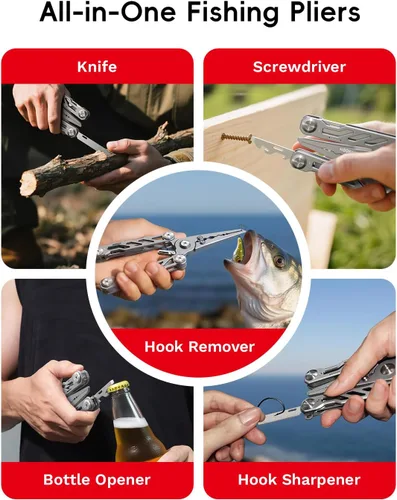 Miniatura 4 de HOOK-EZE Alicates de pesca plegables, multiherramienta 5 en 1 resistente al agua salada con cortadores de línea de tungsteno, removedor de ganchos