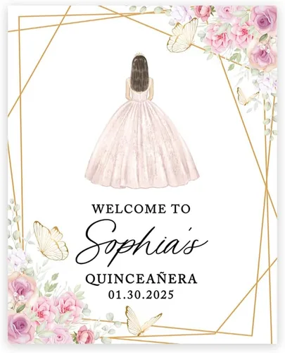 Miniatura 11 de Andaz Press Letrero de bienvenida de quinceañera grande personalizado, Art Deco Bienvenidos de 16 x 20 pulgadas, lienzo premontado para fotos