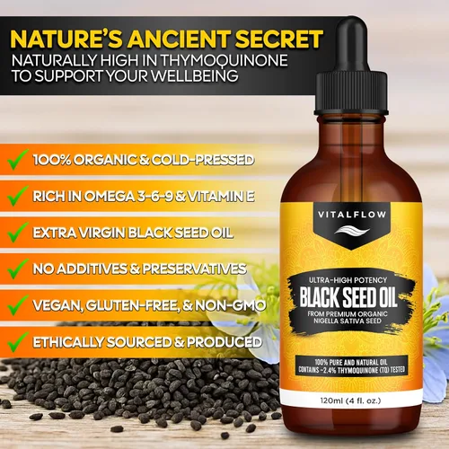Miniatura 3 de VITALFLOW Aceite de semilla negra orgánica de 4.1 fl oz 100% puro y natural prensado en frío Contenido de timoquinona ultra alto Para