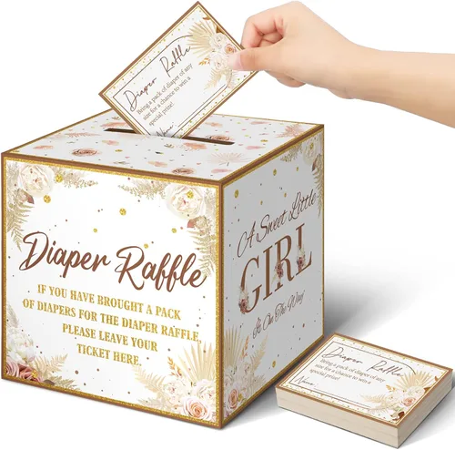 Miniatura 7 de Teling 51 boletos para rifas de pañales con caja de tarjetas, decoración de baby shower, caja de soporte para baby shower, para fiesta de rifas