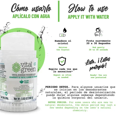 Miniatura 6 de Vital Green Crystal Potassium Alum Desodorante con Aloe Vera – Desodorante mineral sin perfume para pieles sensibles – 3.53 oz / 100 g (3 unidades)