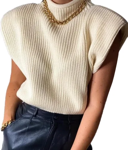 Miniatura 2 de Suéter de cuello alto para mujer, con almohadilla para el hombro, sin mangas, suéter de punto
