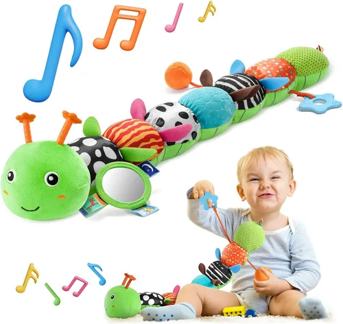 HEMRLY Juguetes Sensoriales para Bebé de 0 a 6 Meses, Oruga Musical de Peluche con Mordedor, Papel Crujiente, Sonajero, Espejo para Bebé para Tiempo