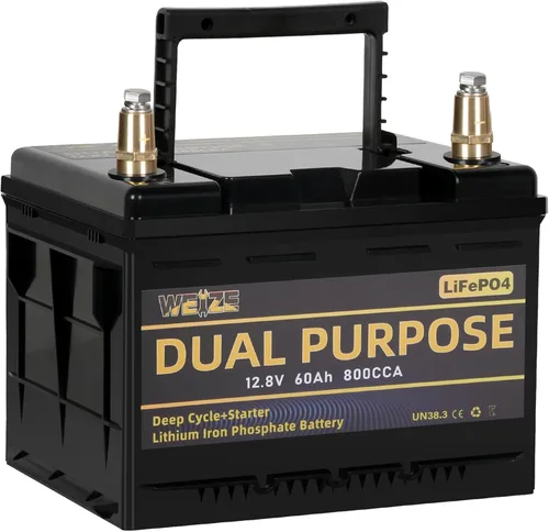 WEIZE Batería LiFePO4 de doble propósito de 12V 60AH 800CCA, batería de litio de arranque del grupo 24 más rendimiento de ciclo profundo, BMS