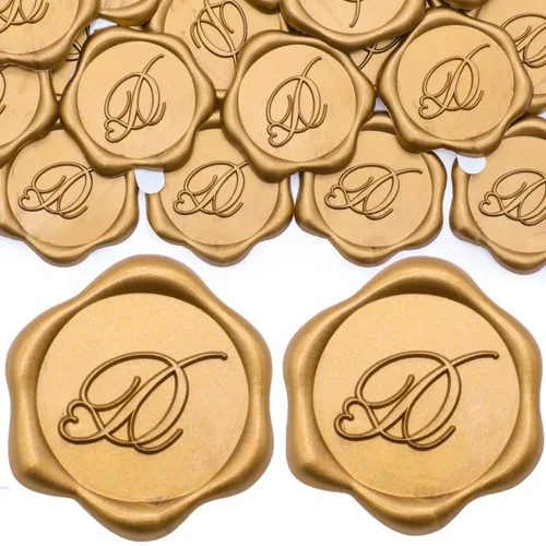 Miniatura 21 de SWANGSA Paquete de 50 calcomanías de sello de cera de letra A, diseño de corazón dorado antiguo, calcomanías de cera inicial para boda, fiesta