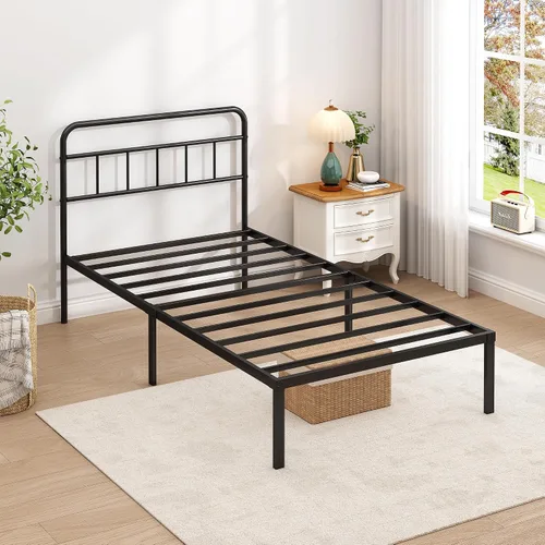Miniatura 5 de Base de cama individual con cabecera clásica, soporte de listones de metal resistentes, espacio de almacenamiento debajo de la cama, no necesita