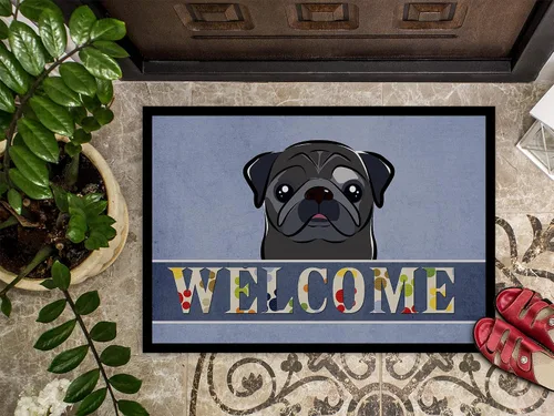 Miniatura 3 de Caroline's Treasures BB1449JMAT - Tapete de bienvenida de carlino negro, 24 x 36 pulgadas, tapete azul para puerta delantera, para interiores y Pug