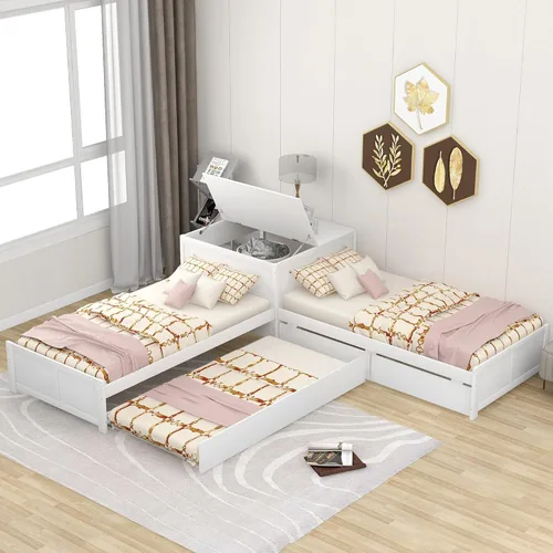 Moderna cama de plataforma en forma de L con nido y cajones, cama de plataforma de madera de tamaño individual con mesa cuadrada abatible White#w