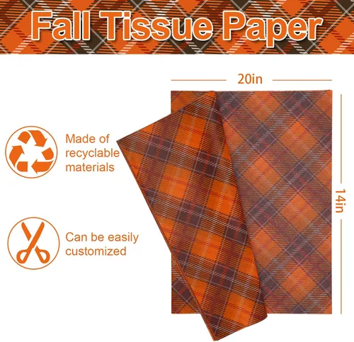 Miniatura 2 de Whaline 60 hojas de papel de seda a cuadros retro naranja marrón a cuadros decorativos para otoño, fiesta de Acción de Gracias, manualidades, 14 x