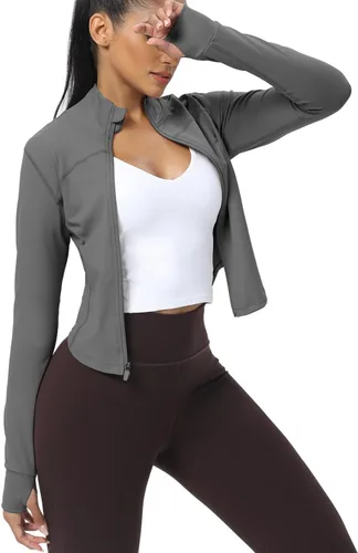 Miniatura 93 de AVGO Chaquetas de entrenamiento recortadas para mujer, con cremallera, ajustadas, atléticas, con agujeros para el pulgar