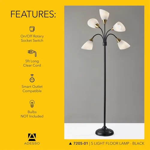 Miniatura 5 de Adesso Lámpara de pie con 5 pantallas móviles y brillo ajustable, iluminación perfecta para decoración de dormitorio, estudio de belleza y arte