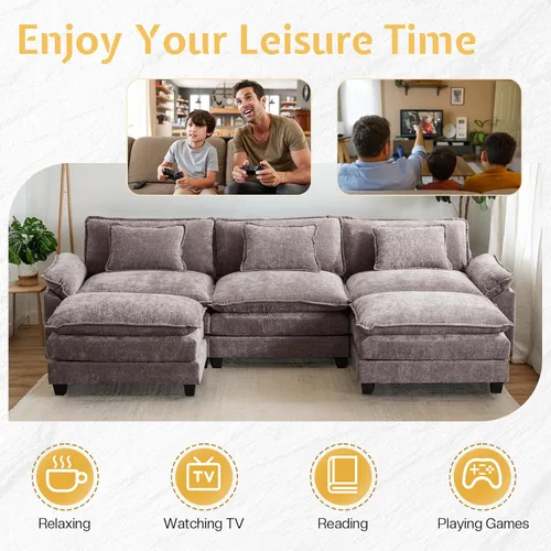 Miniatura 6 de Sofá Seccional, Sofá Modular Cloud con Otomana, Sofás Cama de Asiento Profundo con Almohadas Decorativas, Cómodo Sofá de Dos Plazas de Chenilla
