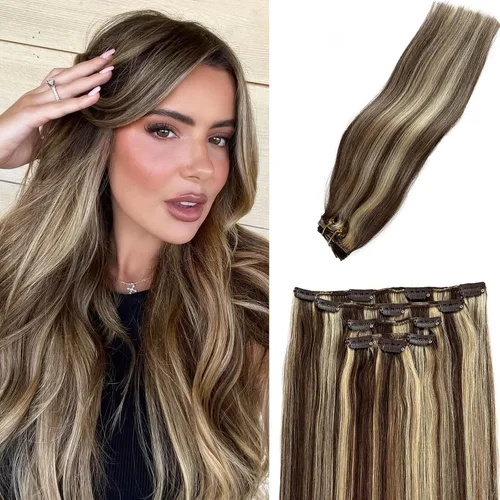 Miniatura 23 de Extensiones de cabello rubio ceniza con reflejos, extensiones de cabello humano real con clip, de 12 pulgadas, 2.47 onzas, doble trama, invisible