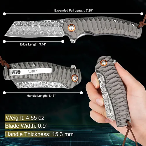 Miniatura 5 de Cuchillo de bolsillo AUBEY de Damasco, hoja de acero de Damasco de 3.34" con molino hueco, cuchillo plegable con rodamiento de bola, mango